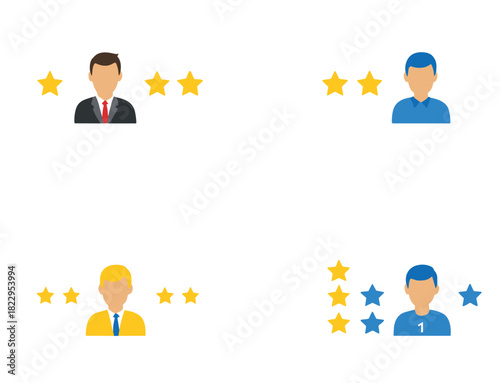Avatar rating icons, user profile, star ranking, achievement level, gamification, performance badge, character illustration, feedback, evaluation, reward, recognition, leaderboard, employee