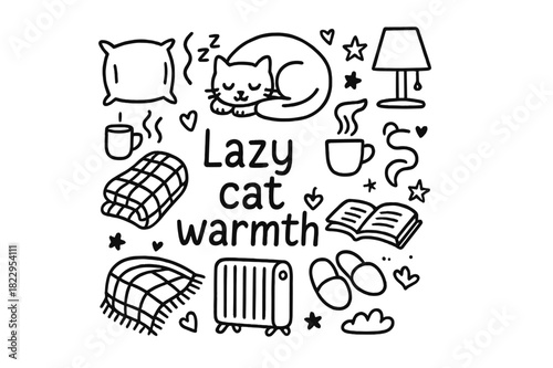 Lazy Cat Warmth. Lazy cat warmth. Hand-drawn doodle illustration of Lazy cat warmth. curled cat, heater,