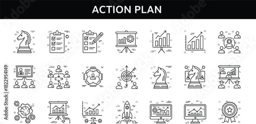 Action plan concept icons, business strategy outline, project planning symbols, workflow development, productivity management elements, corporate goal setting illustration