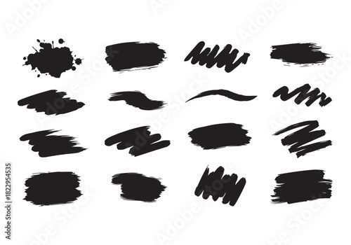 Set different black splash, collection brush strokes Vector Silhouette
