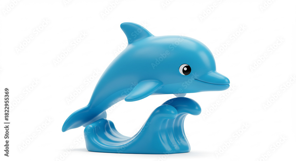 Fototapeta premium A playful vibrant blue dolphin 3D toy model joyfully leaps from a stylized wave on a clean white studio background. AI Generated