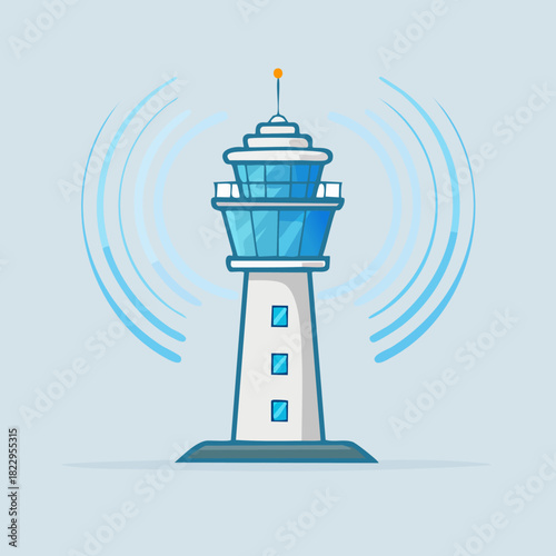 Airport Control Tower Emitting Radio Waves Illustration.