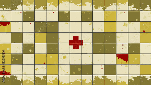 Grungy, blood-splattered checkered tile wall with a central red medical cross, suggesting a horror, crime scene, or abandoned hospital theme. Distressed, dirty, and ominous background.