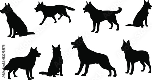 German Shepherd dog silhouettes, black and white, sitting, standing, walking poses, canine illustration, posture study, pet design, guard dog art