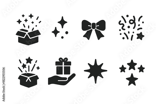 Magic Unboxing Icons. Magic unboxing. Filled icon set of magic unboxing: open gift, sparkles, ribbon bow,
