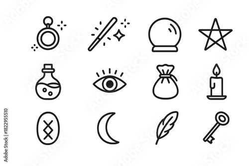 Magical Charm Icons. Magical charm icons. Line outline icon set of magical charm icons: amulet, wand, crystal
