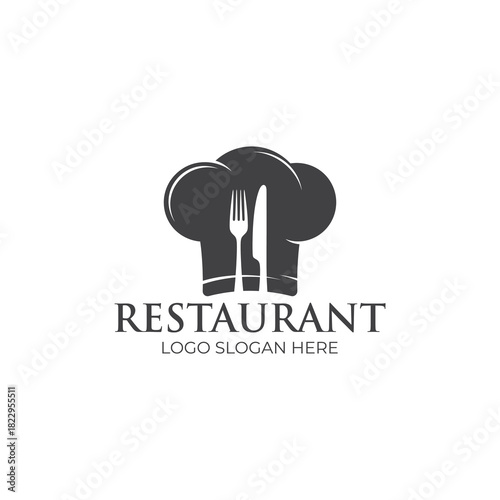 Chefs hat restaurant logo with fork and knife, symbolizing culinary arts, food service, and dining, isolated on white background