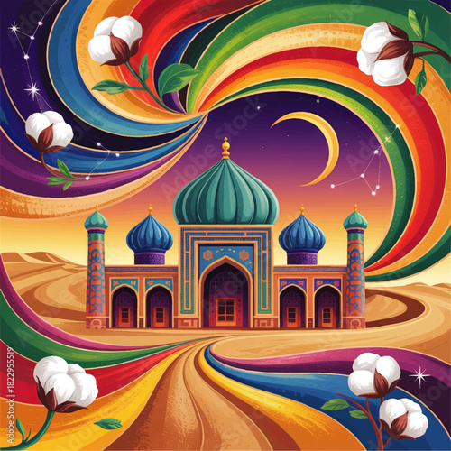 Colorful Islamic mosque illustration with desert landscape, crescent moon, cotton flowers and swirling rainbow sky at sunset