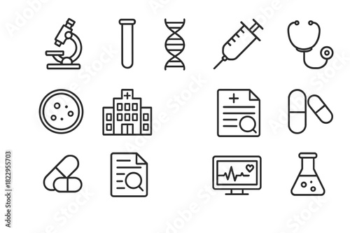 Medical Research Icons. Innovative medical research. Line outline icon set of innovative medical research: