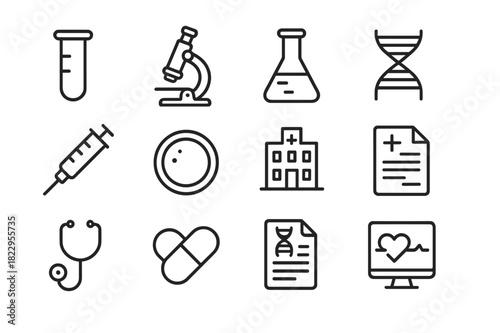 Medical Research Icons. Medical research tools. Line outline icon set of medical research tools: test tube,