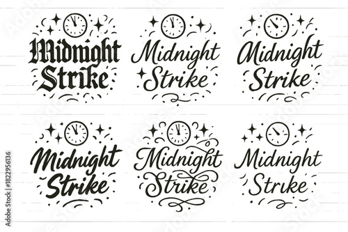 Midnight Calligraphy Variations. Midnight Strike. Create a calligraphy lettering illustration of the phrase: