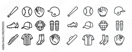 Baseball equipment icons set featuring bats, balls, gloves, helmets, and more