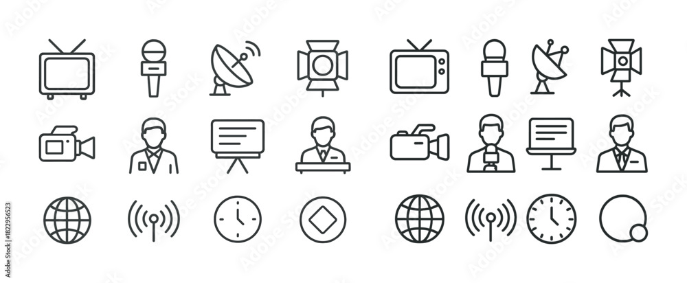 Fototapeta premium Media and communication icons set: tv, satellite, camera, news, internet, clock