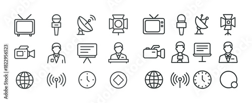Media and communication icons set: tv, satellite, camera, news, internet, clock