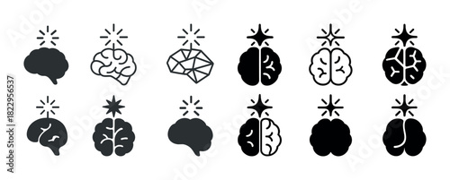 Collection of brain icons with light bulb symbolizing ideas and creativity