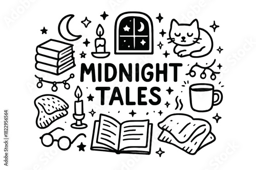 Midnight Storytime Scene. Midnight tales. Hand-drawn doodle illustration of midnight tales. Stack of books,