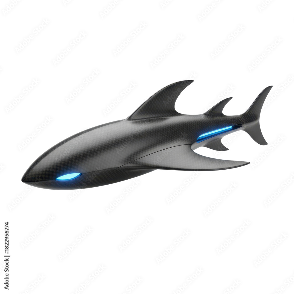 Obraz premium Futuristic bionic shark drone with a sleek carbon fiber body and glowing blue LED lights.