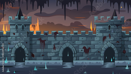Cartoon-style, dark, medieval castle wall fortress over water, stained with blood and surrounded by fire and glowing ice spikes. Ideal for horror, fantasy, or dark game environments.