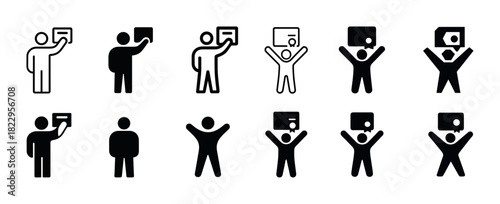 Set of human figure icons holding speech bubbles in various poses