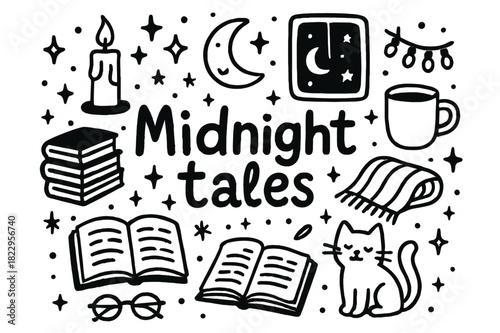 Midnight Storytime Scene. Midnight tales. Hand-drawn doodle illustration of midnight tales. Stack of books,