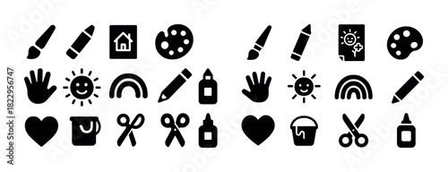 Art tools and craft icons: paintbrush, palette, scissors, glue, sun, rainbow