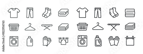 Laundry icons set: clothing, washing machine, detergent, ironing, hangers