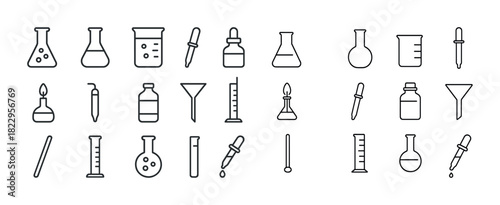Outline icons of laboratory equipment: beakers, flasks, test tubes, and droppers