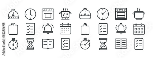 Kitchen timer and cooking icons set for planning and scheduling