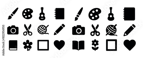 Artistic icons collection: paintbrush, palette, guitar, notebook, camera, yarn, scissors, pencil