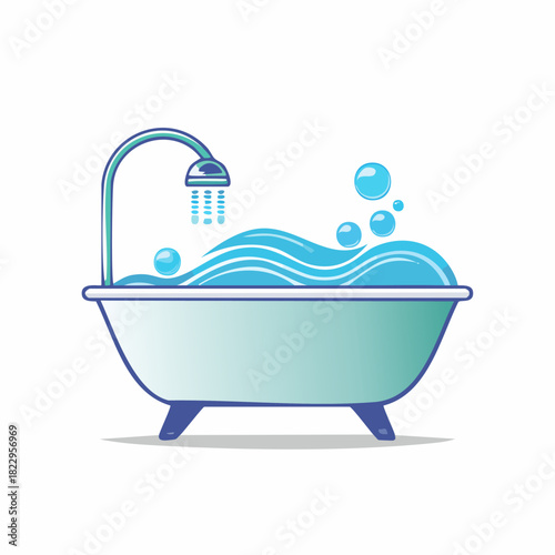 Bathtub with shower and bubbles illustration.