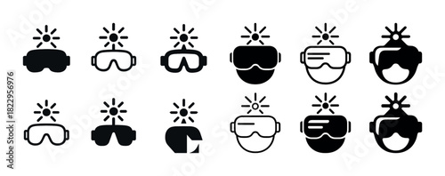 Diverse sunglasses and goggles set with uv protection icons