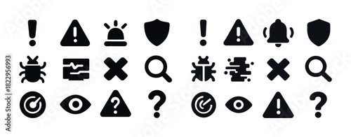 Set of black alert and notification icons including exclamation marks and warning triangles