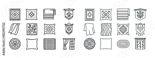 Assorted textile icons: rugs, cushions, blankets, curtains, tapestries