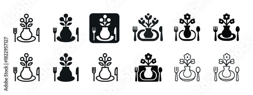 Set of floral centerpiece icons with cutlery in various styles