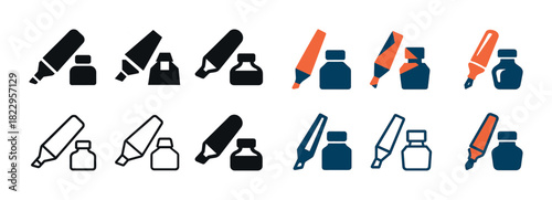 Stylized icons of markers and ink bottles in various color schemes