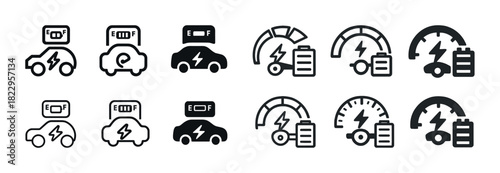 Electric vehicle charging and performance icons set in black and white