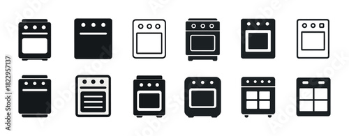 Collection of simple stove and oven icons in black and white