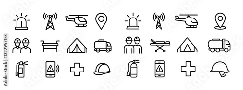 Emergency response icons: equipment, safety gear, and communication symbols