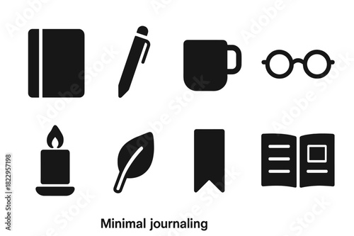 Minimal Journaling Icons. Minimal journaling. Filled icon set of minimal journaling: notebook, pen, coffee mug