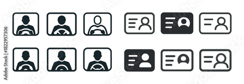 Multiple driver license icons including driver silhouettes and id cards in black and white