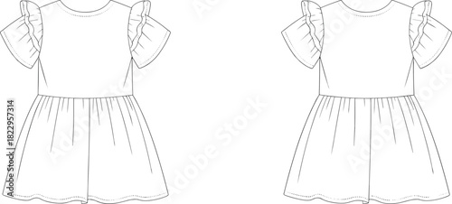Girls dress flat sketch, puff sleeve ruffle detail design, fitted bodice gathered flared skirt, fashion apparel template, clothing garment illustration
