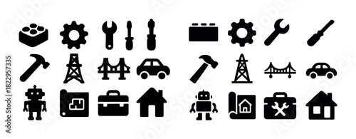 Set of construction, engineering, and technology icons in black and white