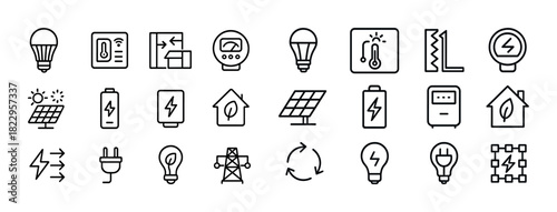 Energy and technology icons: solar, electricity, efficiency, power, battery