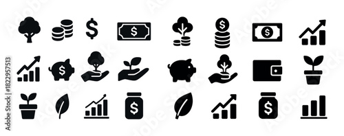 Financial growth icons: trees, coins, piggy banks, graphs, wallets