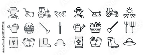 Agricultural icons set: tools, equipment, farmer, and crops in line art