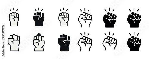 Set of fist icons: solid and outline vector symbols of raised fists
