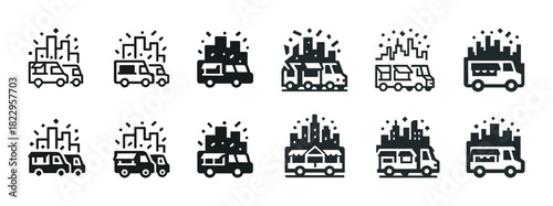 Cityscape cargo van icons with buildings set