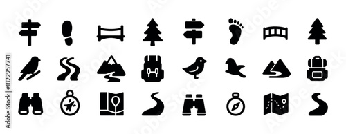 Outdoor adventure icons: backpack, trail, tree, compass, mountain, bird