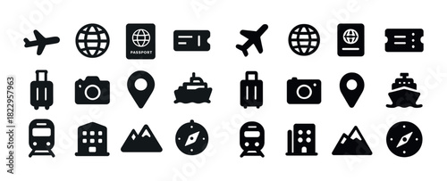 Travel icons set featuring transportation luggage passport and compass symbols