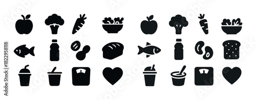 Healthy food icons: fruits, vegetables, drinks, fish, heart, scale, bowl, bread